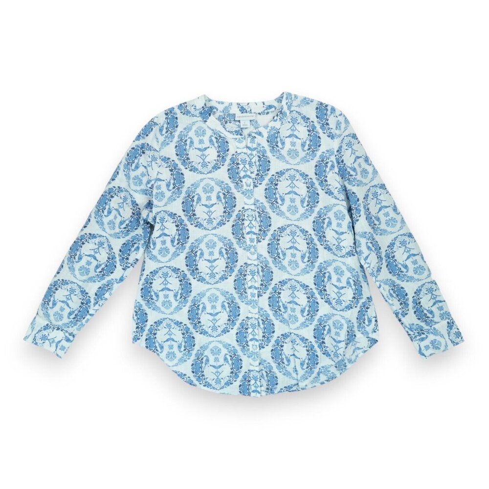 Liz Claiborne Women's Button Down Semi Fitted Blue/White Bird Print Blouse Large